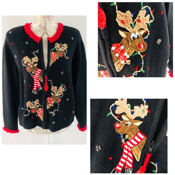 Tiara Christmas Holiday Cardigan Sweater Zips Up 2003 Reindeer Size XL Petite - Picture 12 of 12